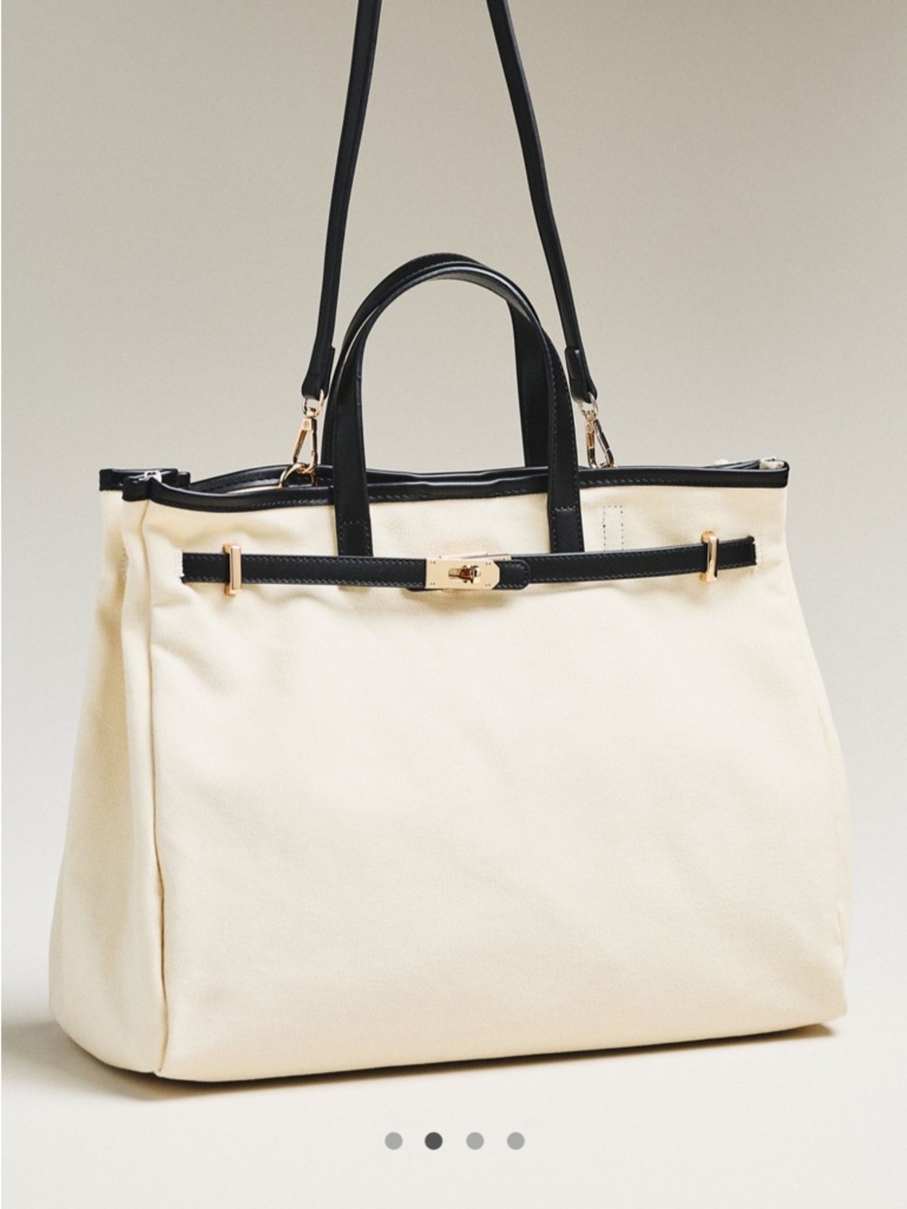 Anthropologie Cream and Black Canvas Tote with Gold Accents